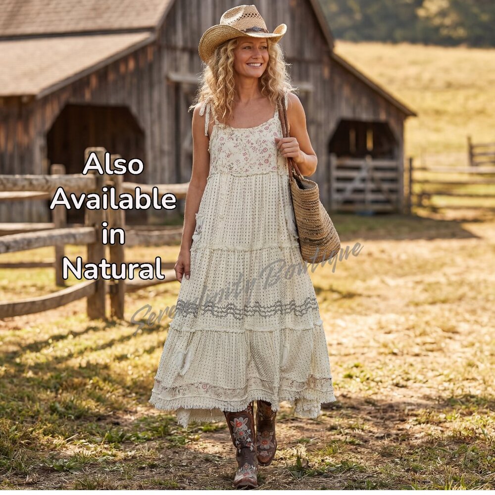 POL Bohemian Girly Cowgirl Strappy Denim Tiered Patchwork Maxi Eyelet Jean Dress - Picture 10 of 12